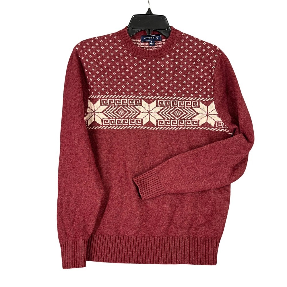 Crown And Ivy Crewneck Sweater Women‎ S Lambswool Knit Fair Isle Winter Pullover